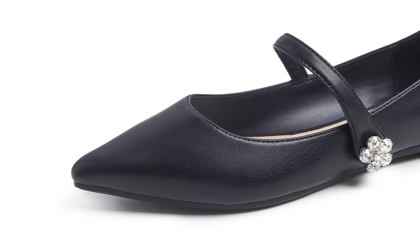 Feversole Women's Pointed Mary Jane Shoes Fashion Strap Buckle Slip On Flats Vegan Leather Flower Buckle