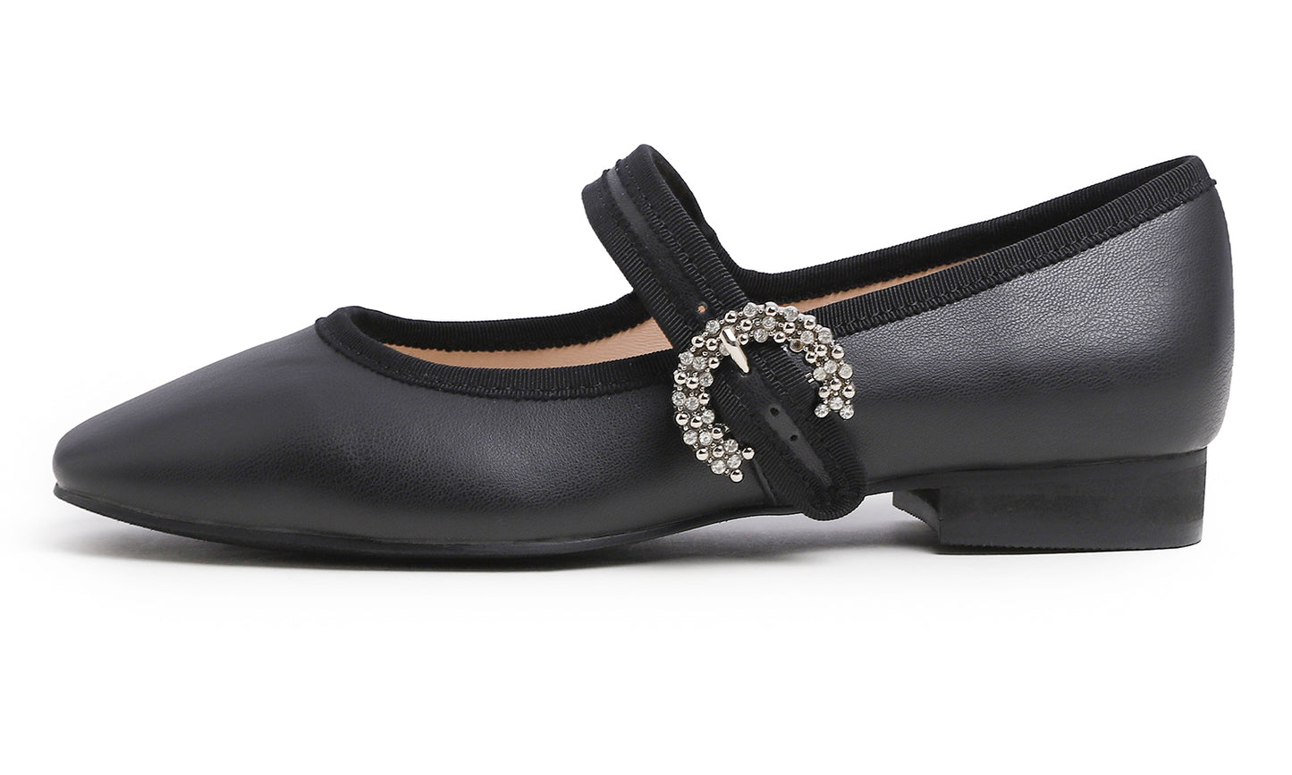 Feversole Women's Mary Jane Fashion Square Toe Easy Buckle Low Heel Slip On Flats Vegan Leather Rhinestones