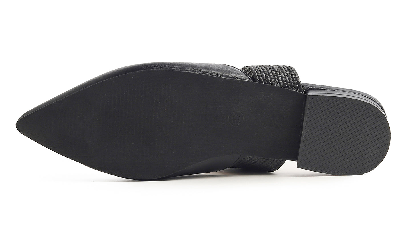 Feversole Women's Pointed Toe Fashion Mules Low Heel Flats Casual Summer Slide Vegan Leather Raffia Strap