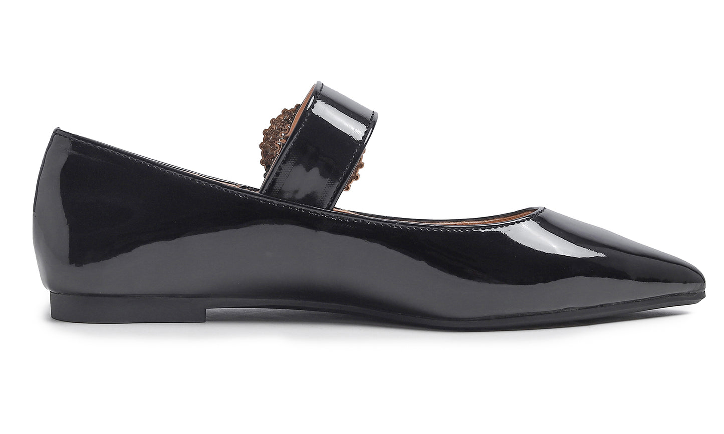 Feversole Women's Pointed Mary Jane Shoes Fashion Strap Buckle Slip On Flats Rhinestone Buckle