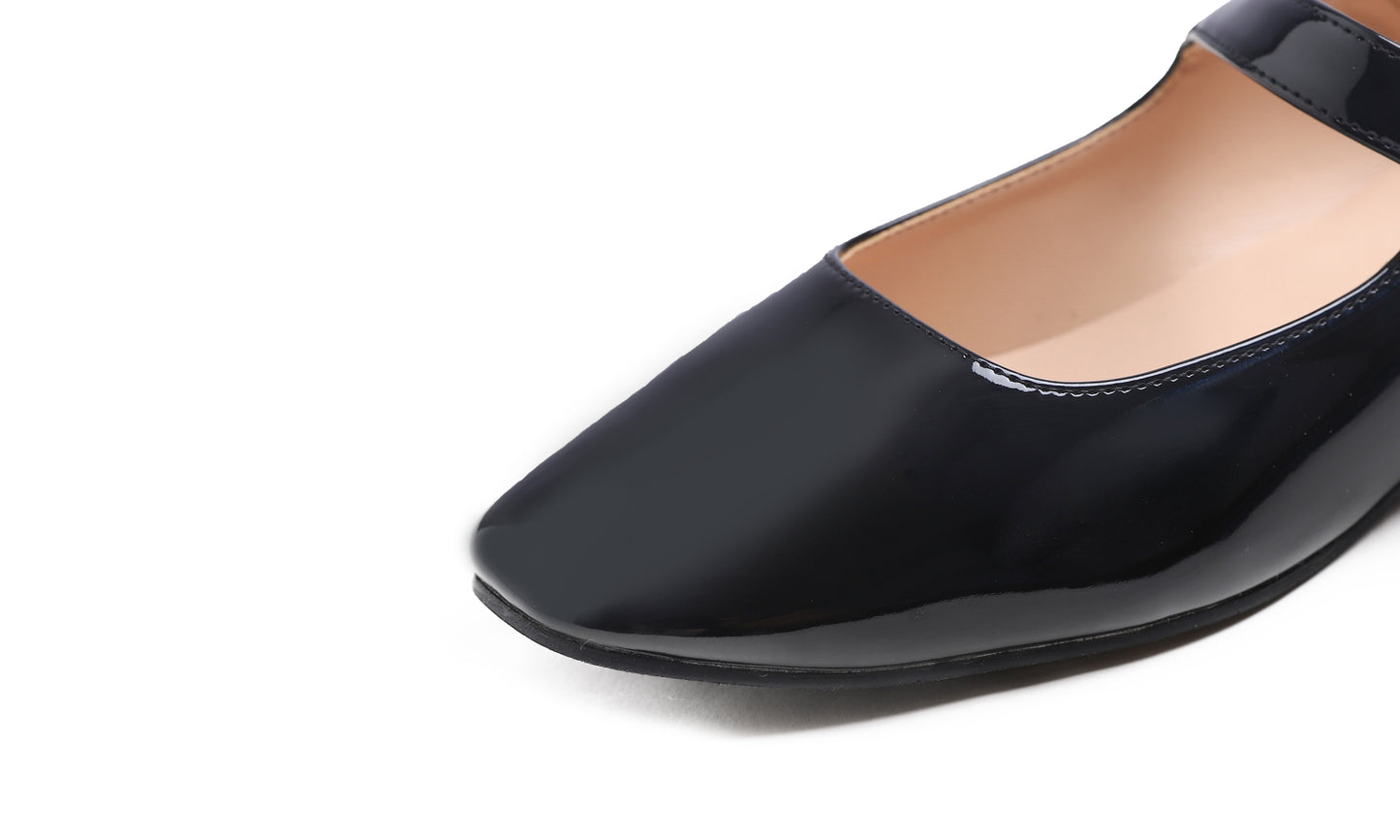 Feversole Women's Mary Jane Fashion Square Toe Easy Buckle Low Heel Slip On Flats Vegan Patent Leather
