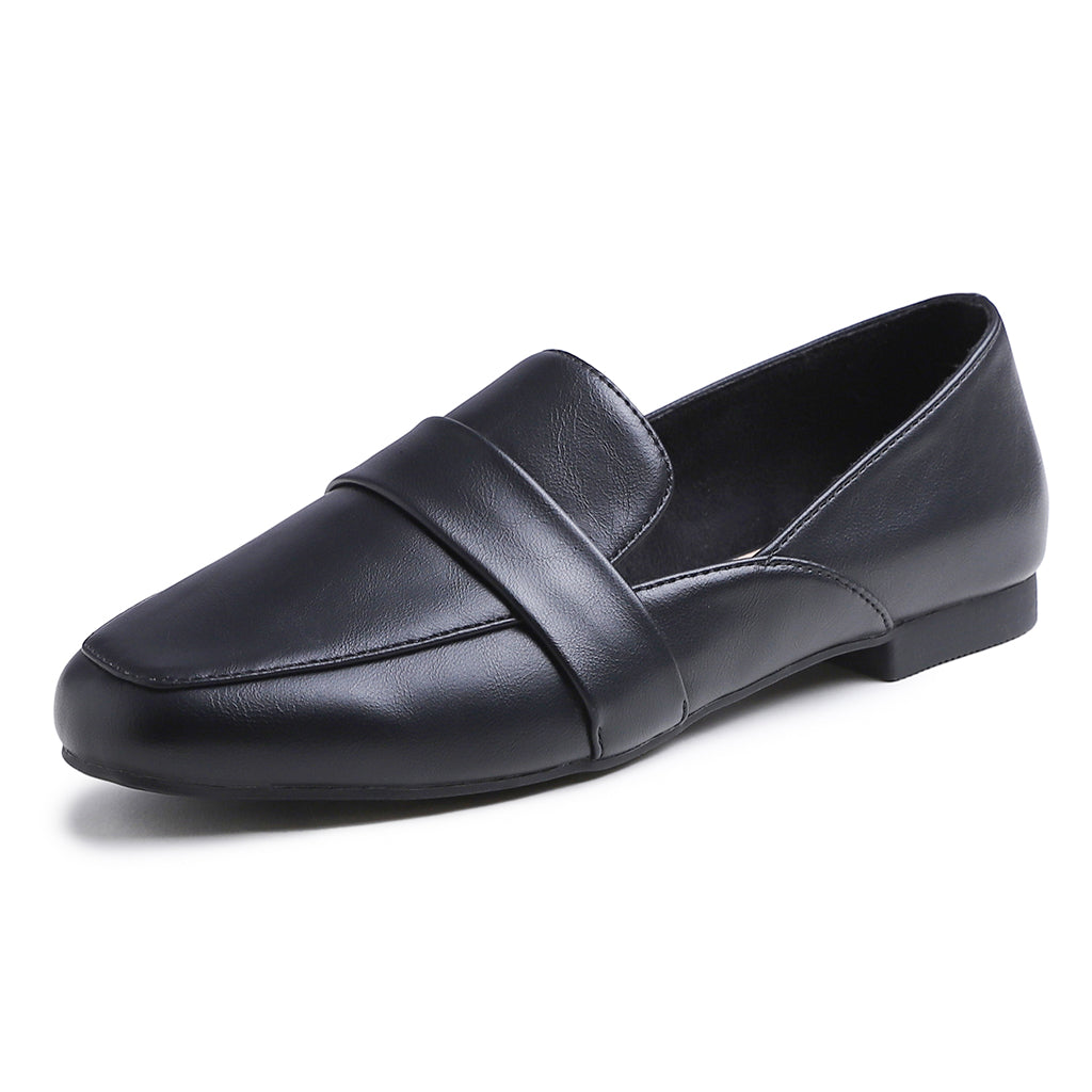 Feversole Women's Fashion Dress Comfort Low Heel Office Penny Loafer Flats Black Vegan Leather Strap Deco