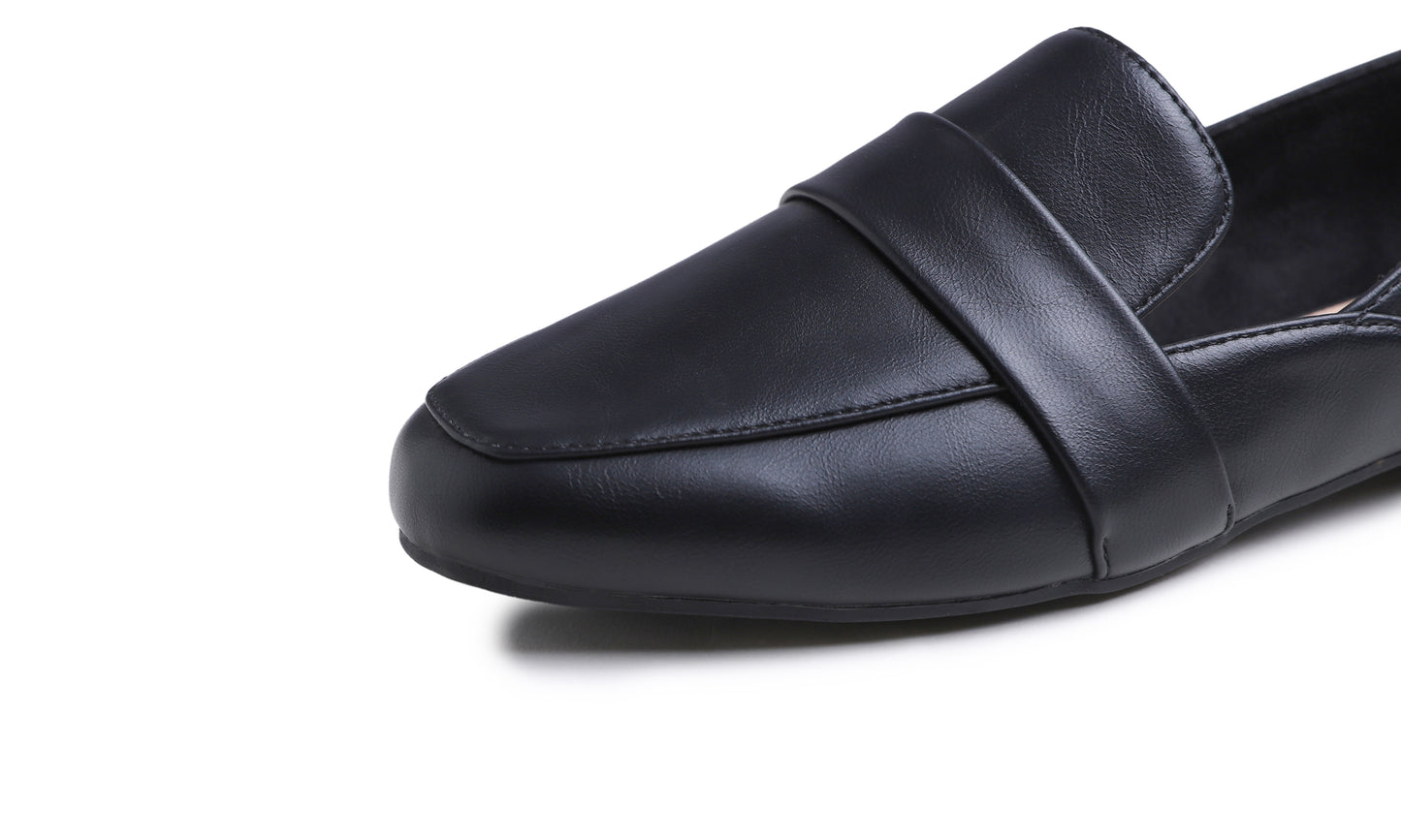 Feversole Women's Fashion Dress Comfort Low Heel Office Penny Loafer Flats Black Vegan Leather Strap Deco