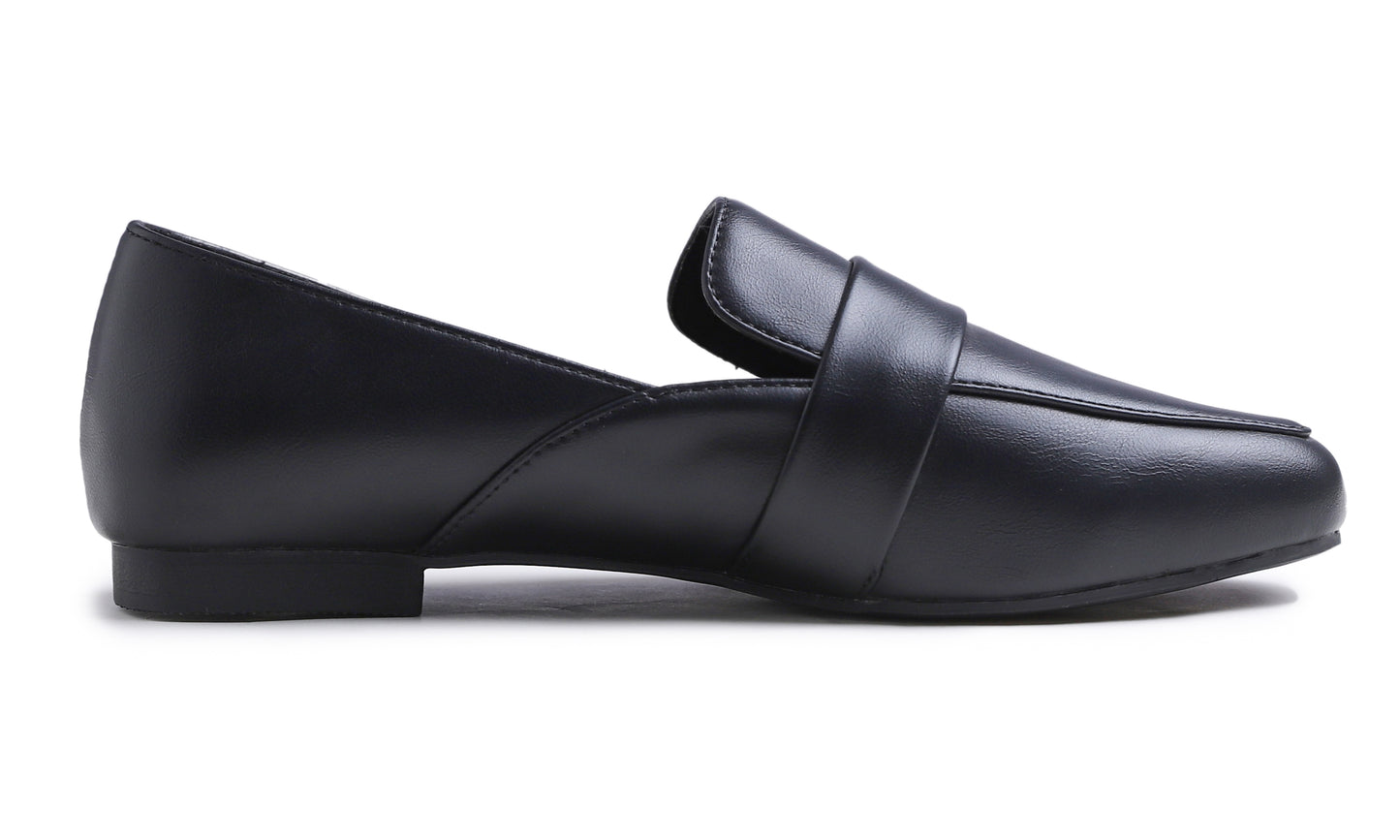 Feversole Women's Fashion Dress Comfort Low Heel Office Penny Loafer Flats Black Vegan Leather Strap Deco