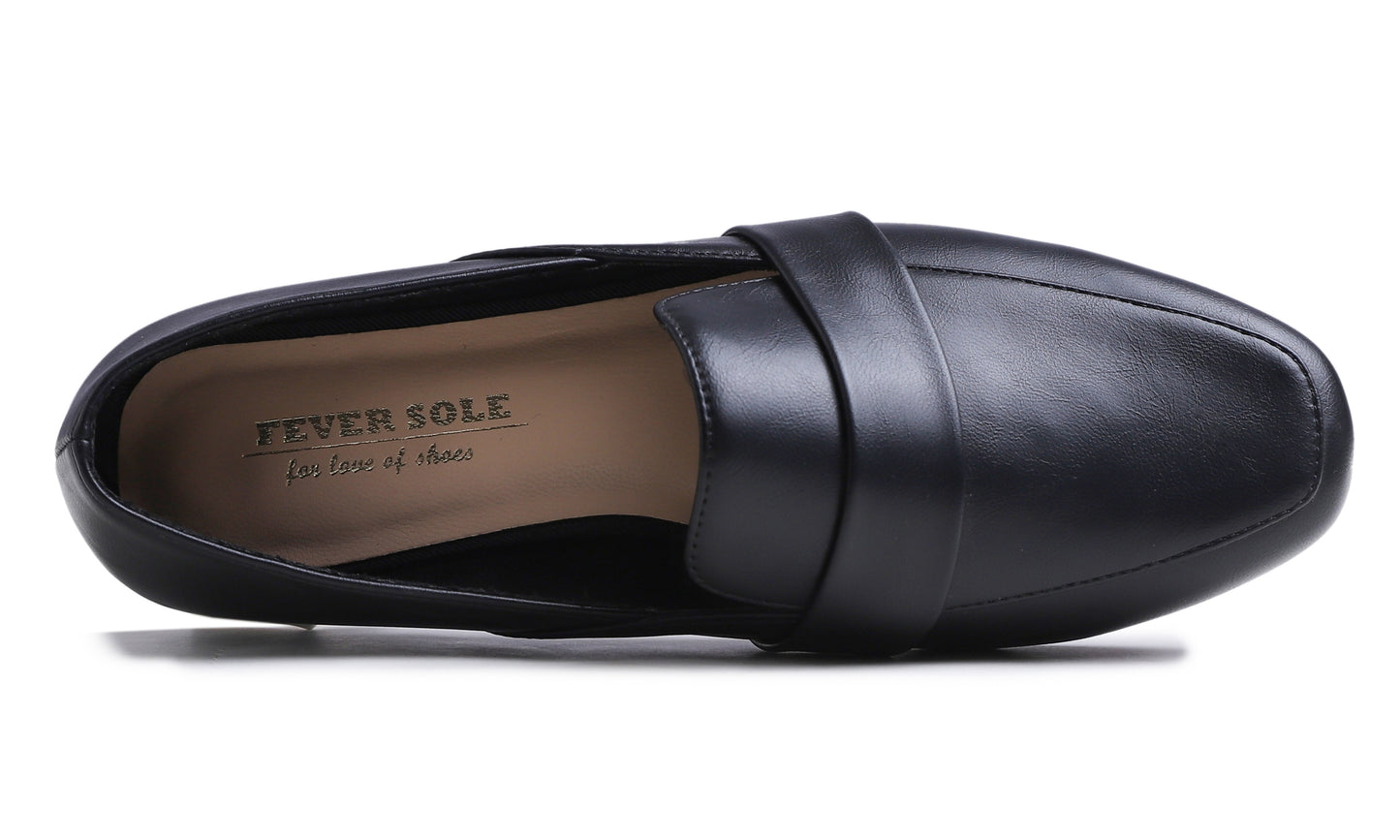 Feversole Women's Fashion Dress Comfort Low Heel Office Penny Loafer Flats Black Vegan Leather Strap Deco