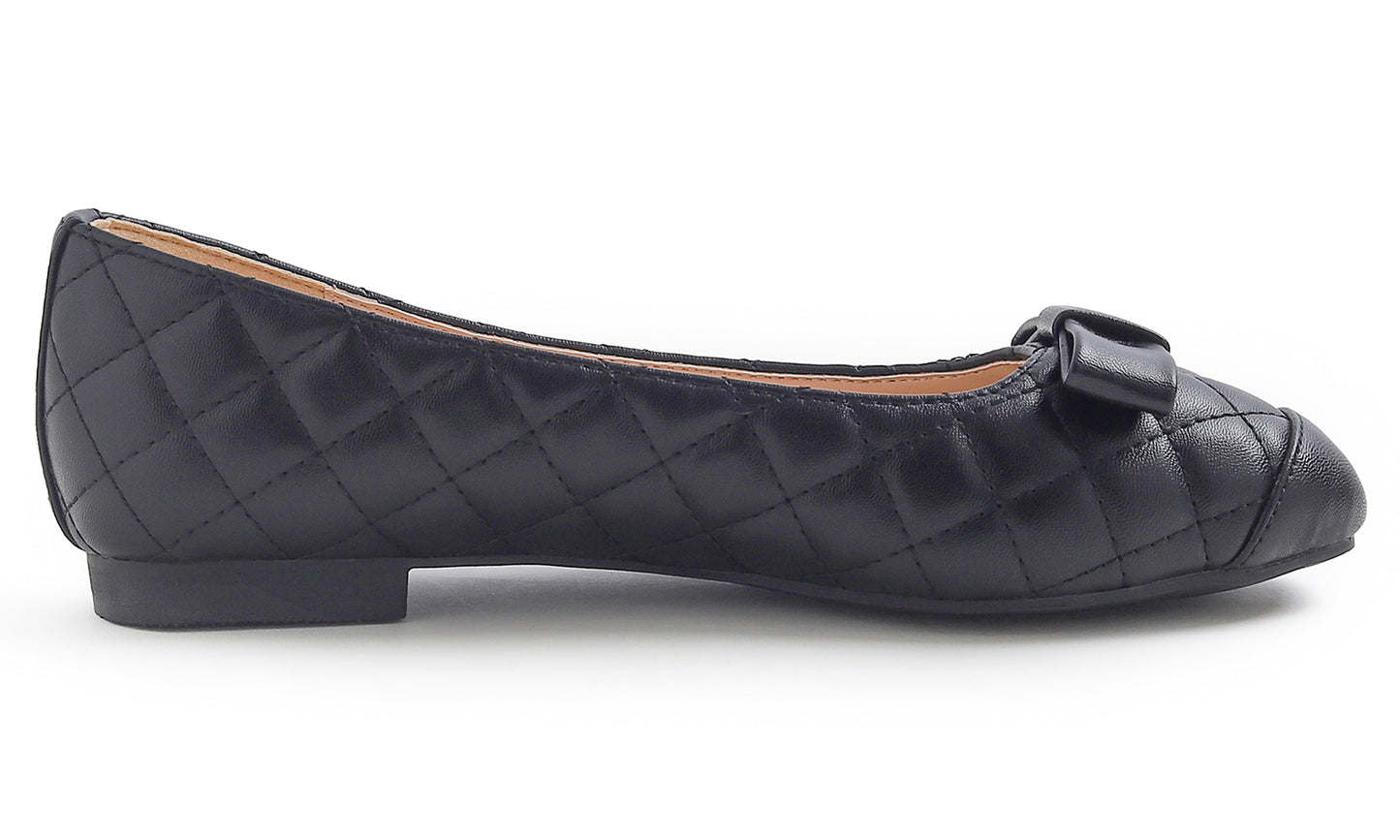 Feversole Women's Square Toe Fashion Bow Tie Dress Slip On Ballet Flats Quilted Vegan Leather