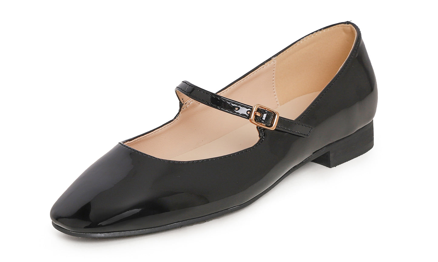 Feversole Women's Mary Jane Fashion Square Toe Easy Buckle Low Heel Slip On Flats Vegan Mirror Leather