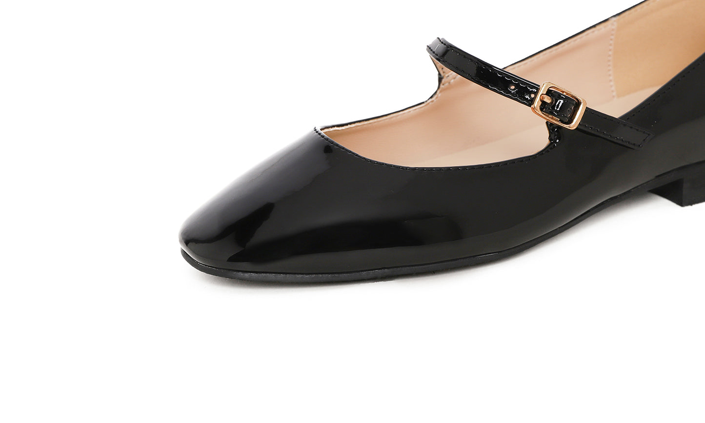 Feversole Women's Mary Jane Fashion Square Toe Easy Buckle Low Heel Slip On Flats Vegan Mirror Leather