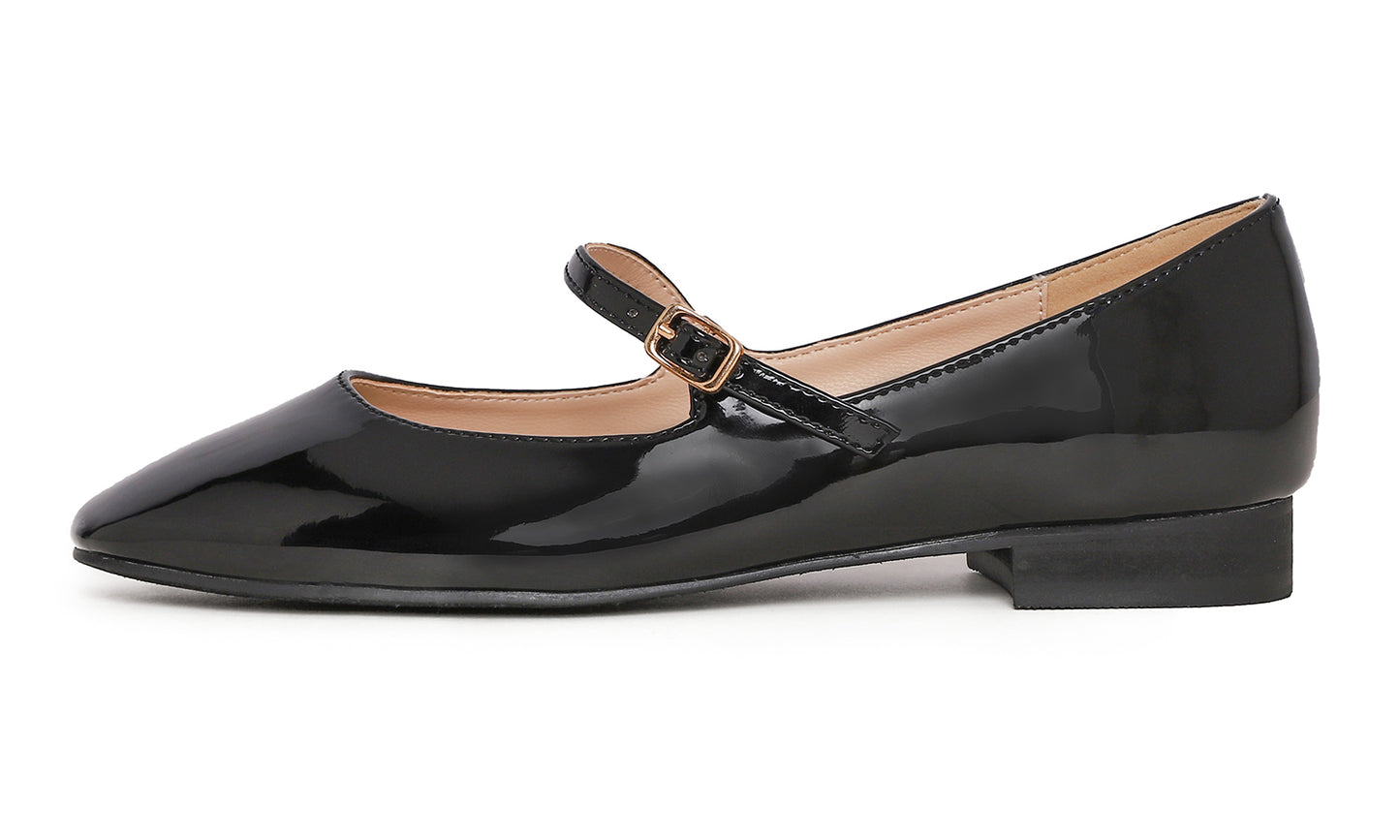 Feversole Women's Mary Jane Fashion Square Toe Easy Buckle Low Heel Slip On Flats Vegan Mirror Leather