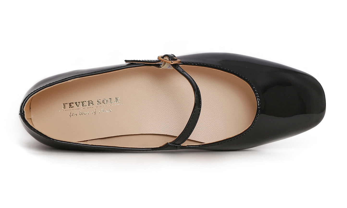 Feversole Women's Mary Jane Fashion Square Toe Easy Buckle Low Heel Slip On Flats Vegan Mirror Leather