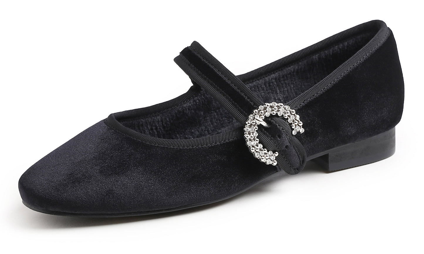 Feversole Women's Mary Jane Fashion Square Toe Easy Buckle Low Heel Slip On Flats Velvet Fur Lined Rhinestone