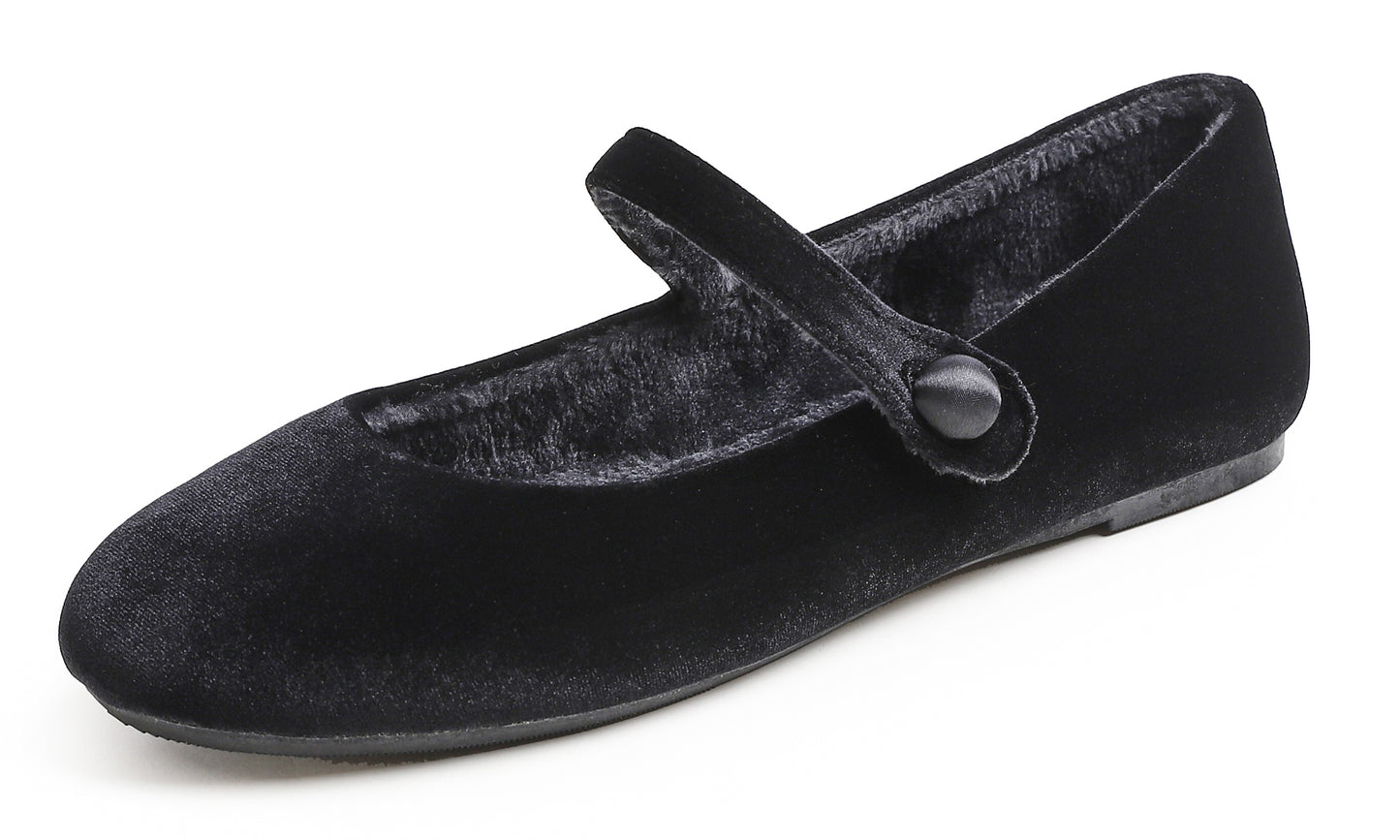 Feversole Women's Mary Jane Fashion Round Toe Easy Buckle Slip On Flats Velvet Fur Lined