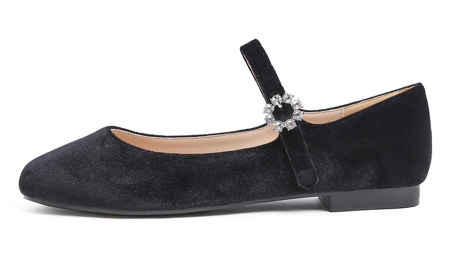 Feversole Women's Mary Jane Fashion Square Toe Easy Buckle Slip On Flats Velvet
