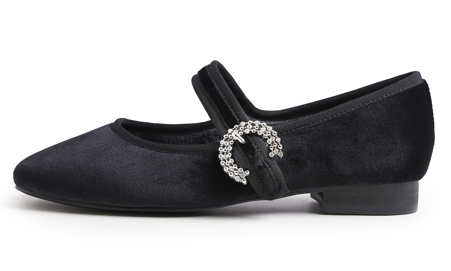 Feversole Women's Mary Jane Fashion Square Toe Easy Buckle Low Heel Slip On Flats Velvet Fur Lined Rhinestone
