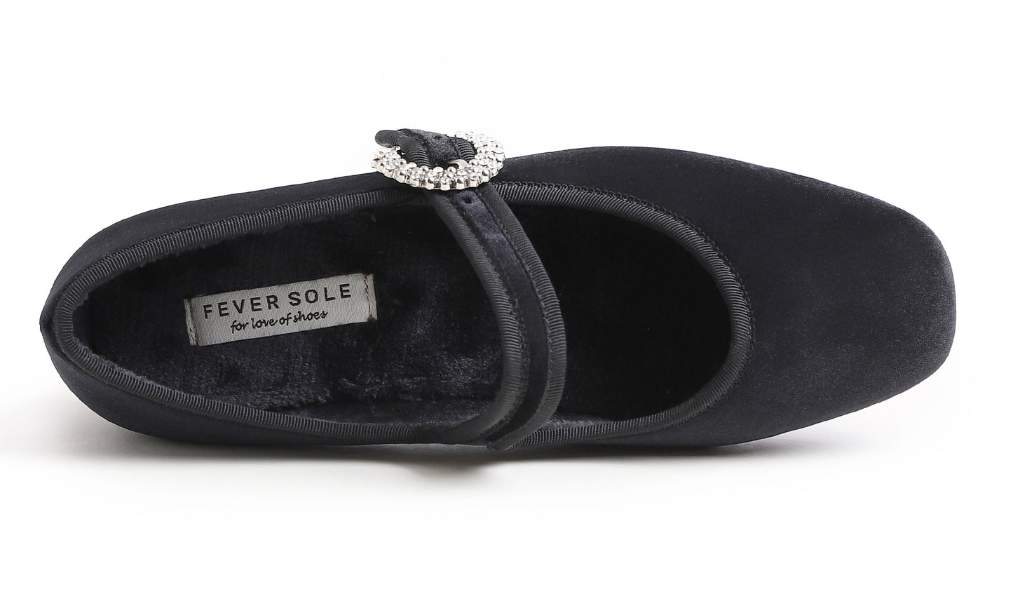 Feversole Women's Mary Jane Fashion Square Toe Easy Buckle Low Heel Slip On Flats Velvet Fur Lined Rhinestone