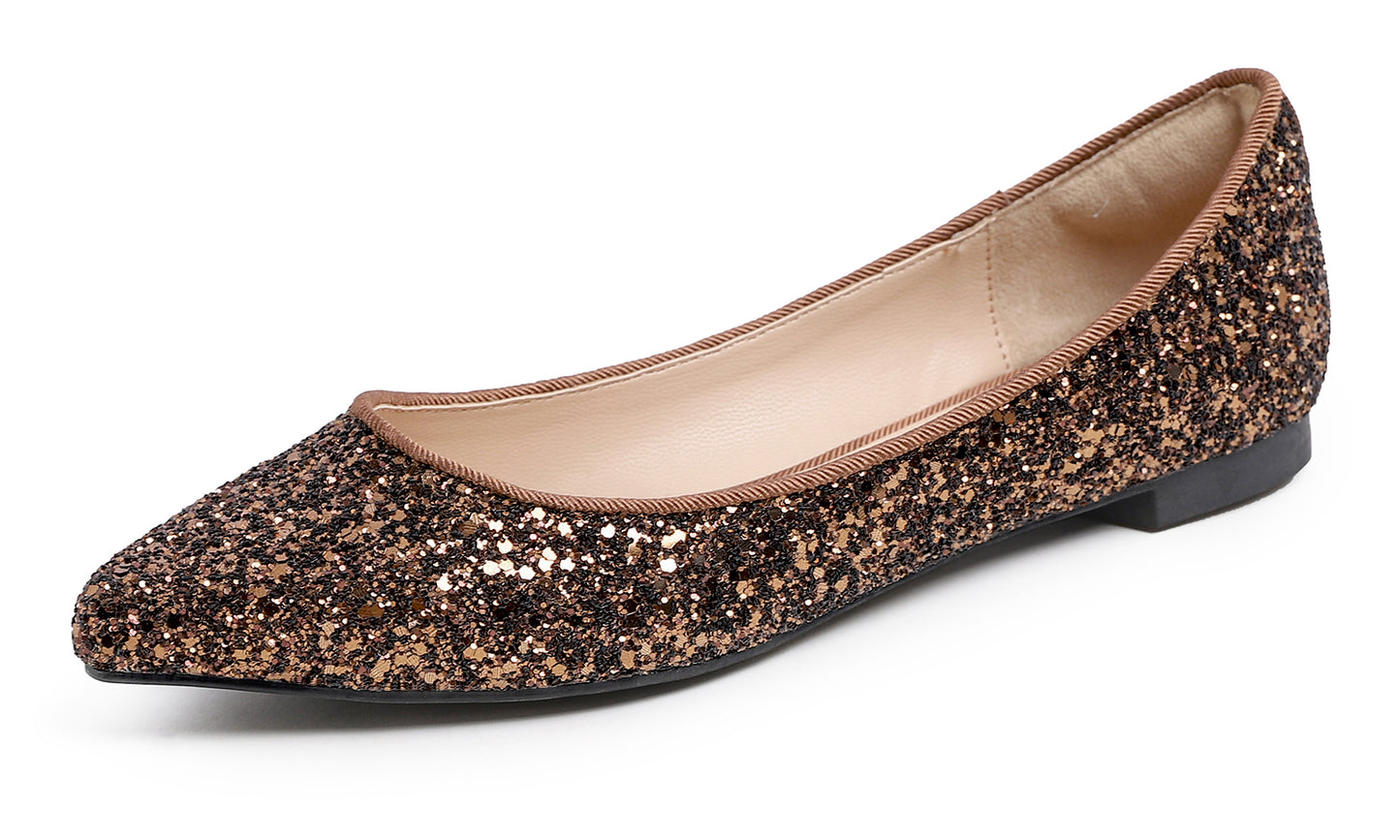 Feversole Women's Fashion Pointed Toe Classic Dressy Shiny Comfort Cushioned Flats Glitter