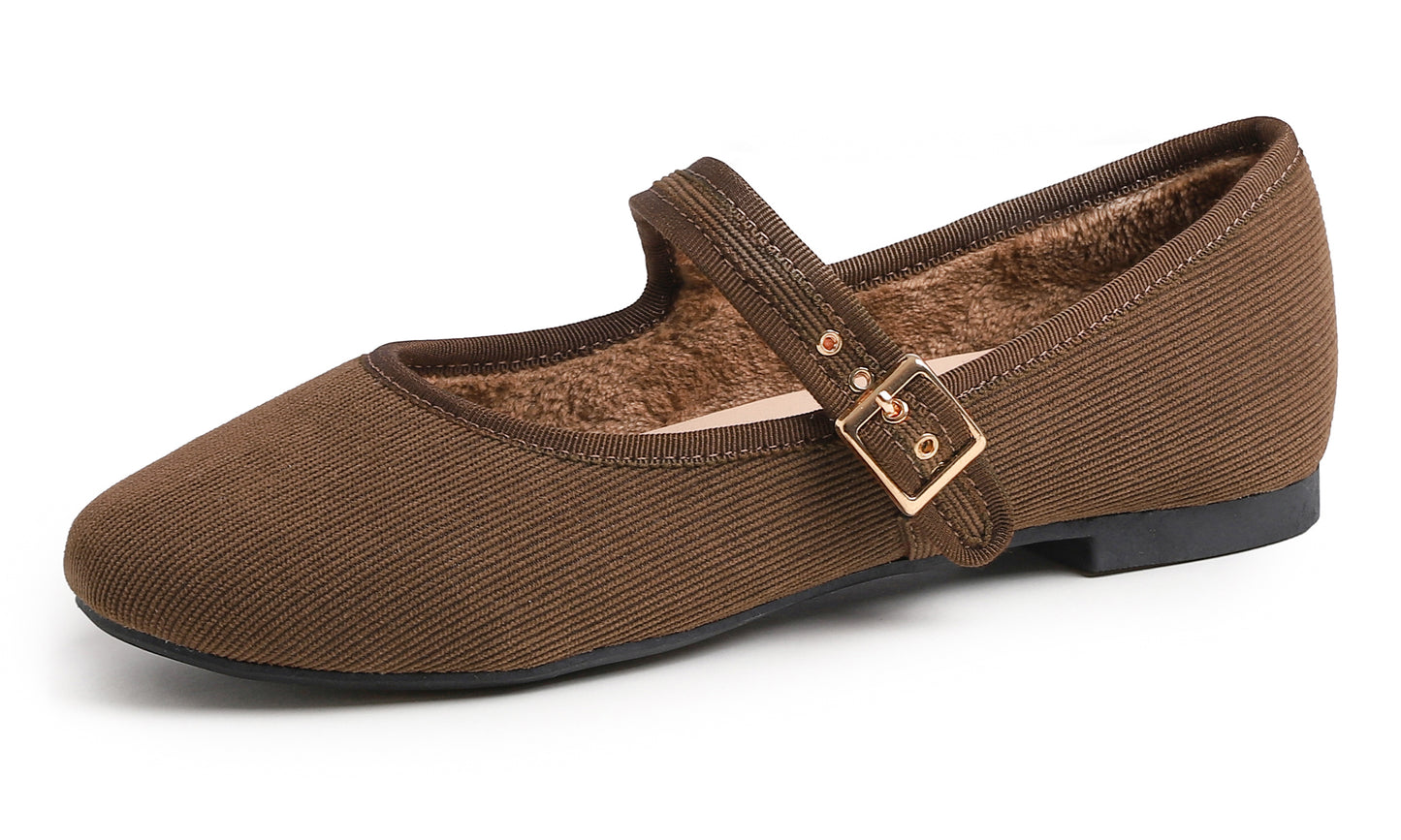 Feversole Women's Soft Cushion Extra Padded Comfort Round Toe Mary Jane Metal Buckle Fashion Ballet Flats Walking Shoes Corduroy