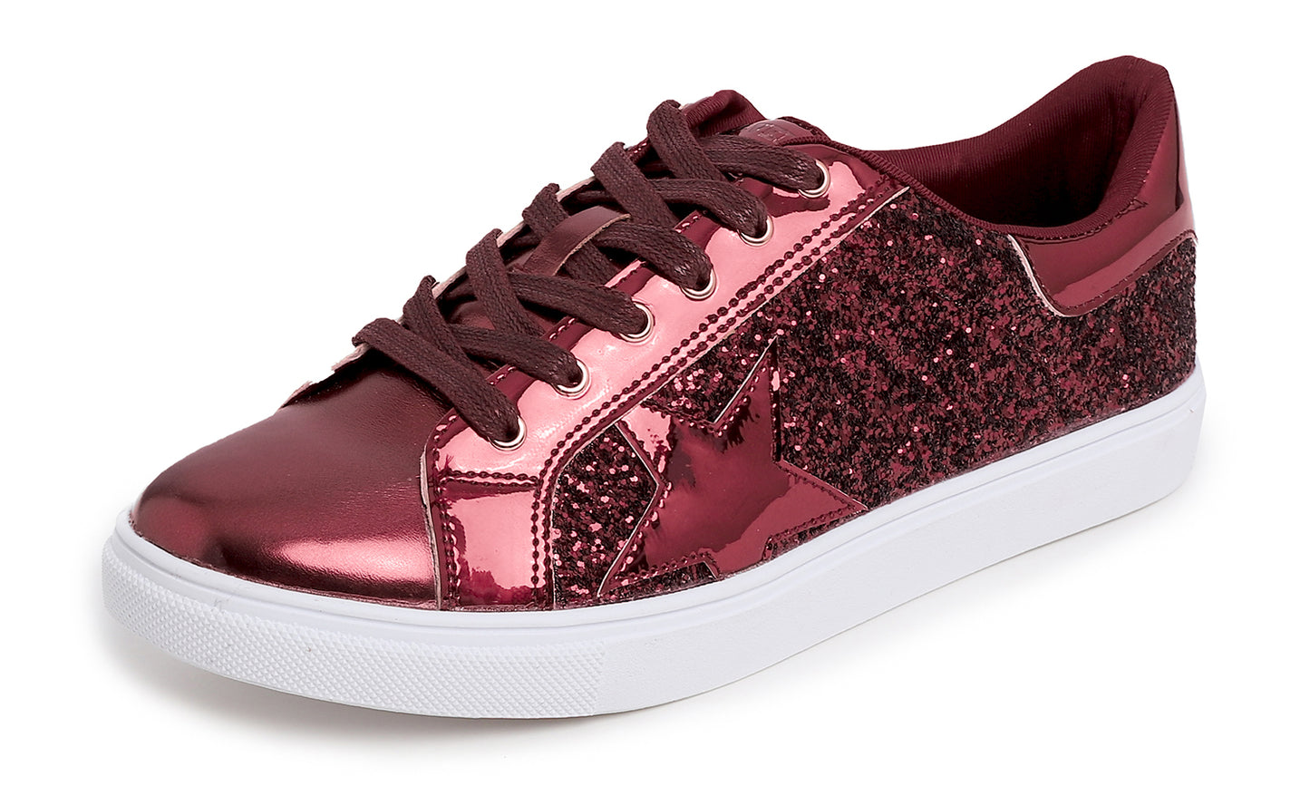 Feversole Women's Fashion Lace Up Dress Sneakers Sparkly Party Shiny Shoes Star Glitter