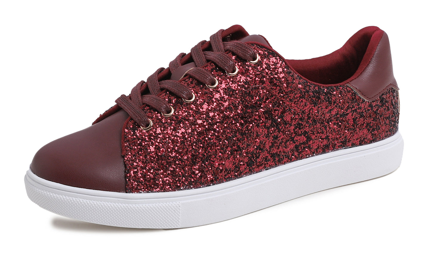 Feversole Women's Fashion Lace Up Dress Sneakers Sparkly Party Shiny Shoes Glitter Lace