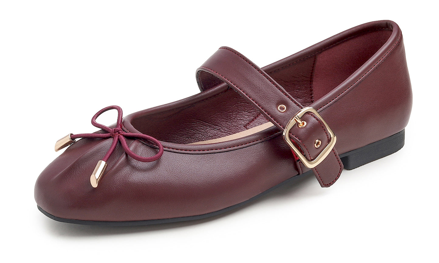 Feversole Women's Mary Jane Fashion Square Toe Easy Buckle Slip On Flats Vegan Leather Wrinkle Bow Deco