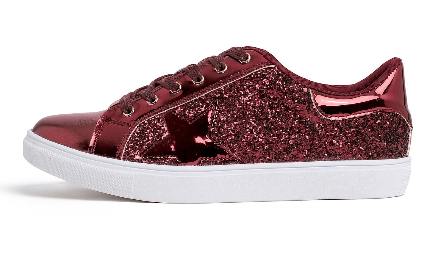 Feversole Women's Fashion Lace Up Dress Sneakers Sparkly Party Shiny Shoes Star Glitter