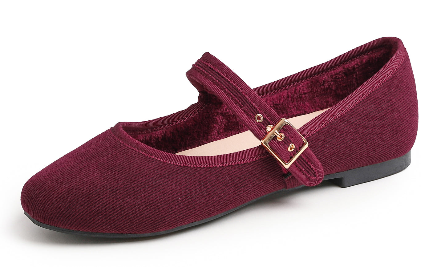 Feversole Women's Soft Cushion Extra Padded Comfort Round Toe Mary Jane Metal Buckle Fashion Ballet Flats Walking Shoes Corduroy