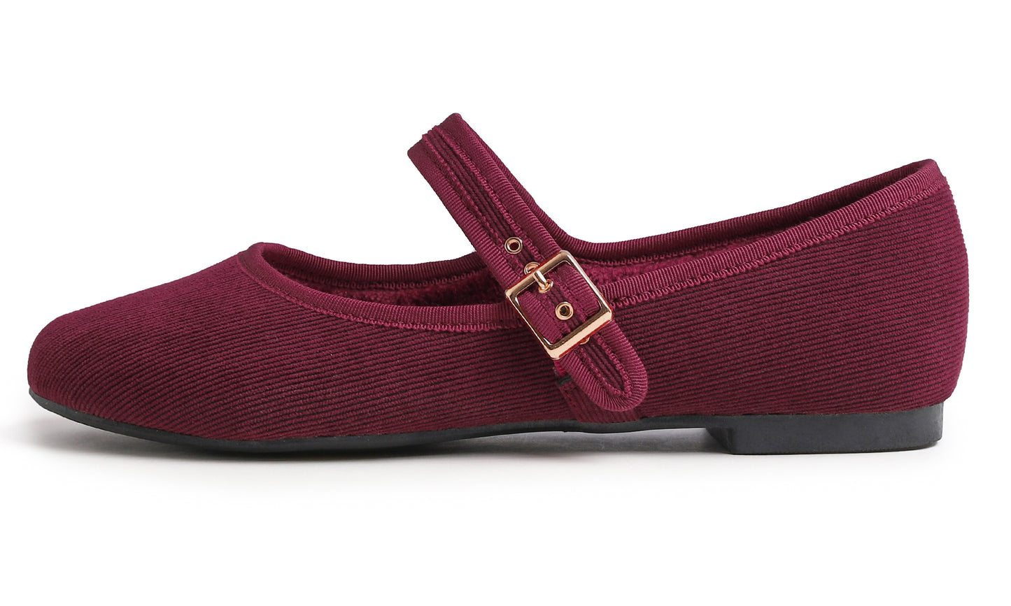 Feversole Women's Soft Cushion Extra Padded Comfort Round Toe Mary Jane Metal Buckle Fashion Ballet Flats Walking Shoes Corduroy