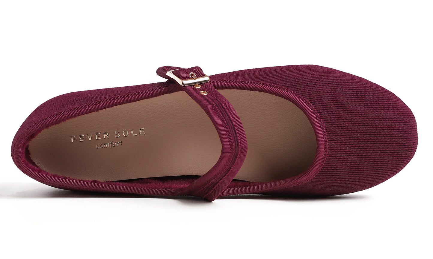 Feversole Women's Soft Cushion Extra Padded Comfort Round Toe Mary Jane Metal Buckle Fashion Ballet Flats Walking Shoes Corduroy
