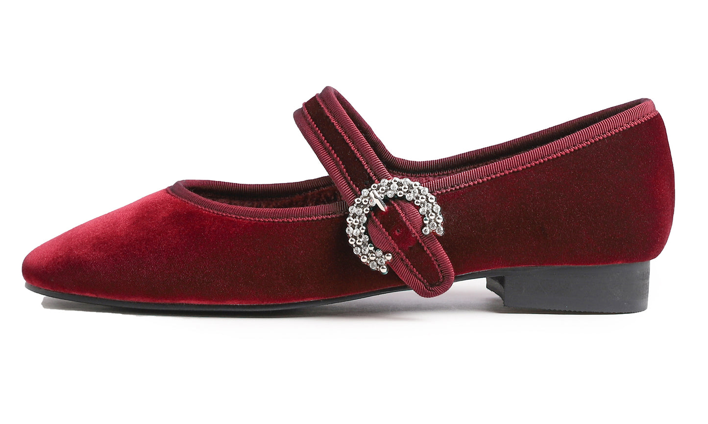 Feversole Women's Mary Jane Fashion Square Toe Easy Buckle Low Heel Slip On Flats Velvet Fur Lined Rhinestone
