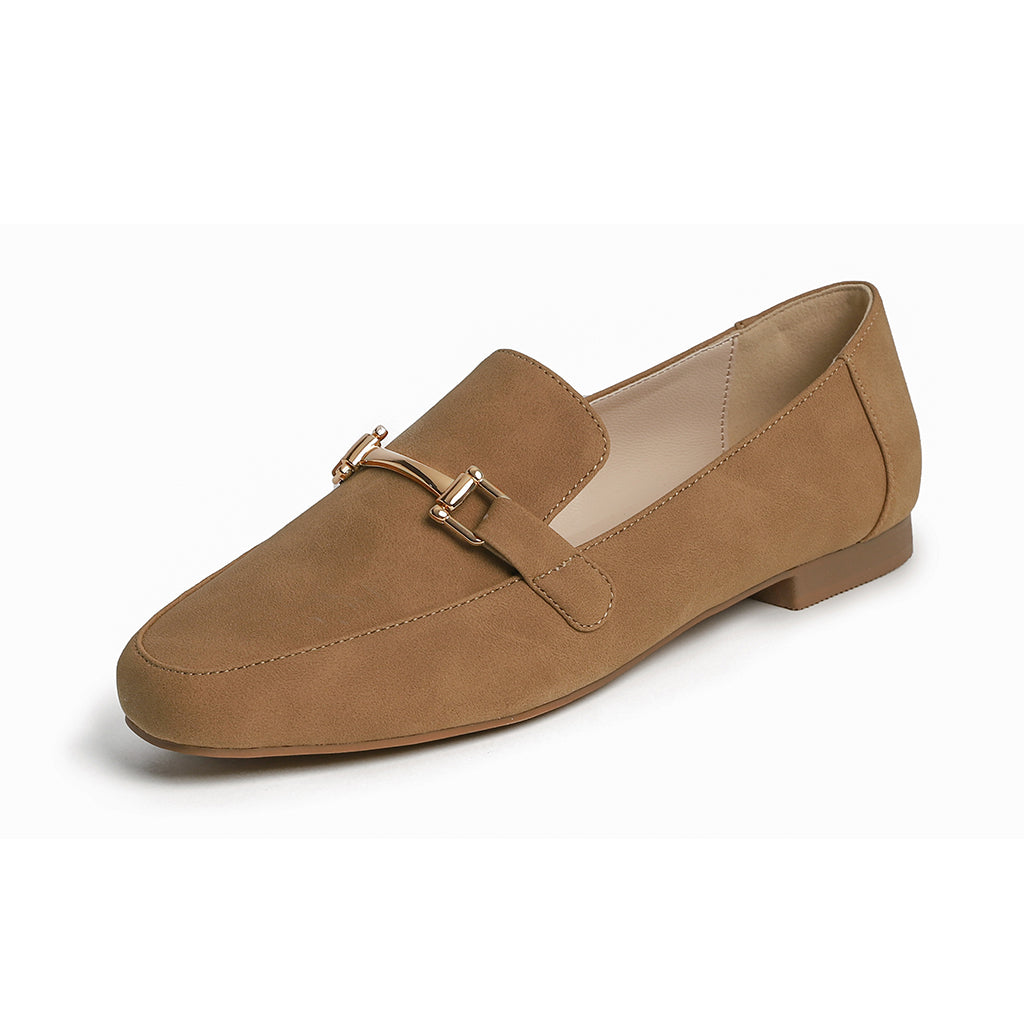 Feversole Women's Fashion Trim Deco Loafer Flats Camel Nubuck Vegan Leather