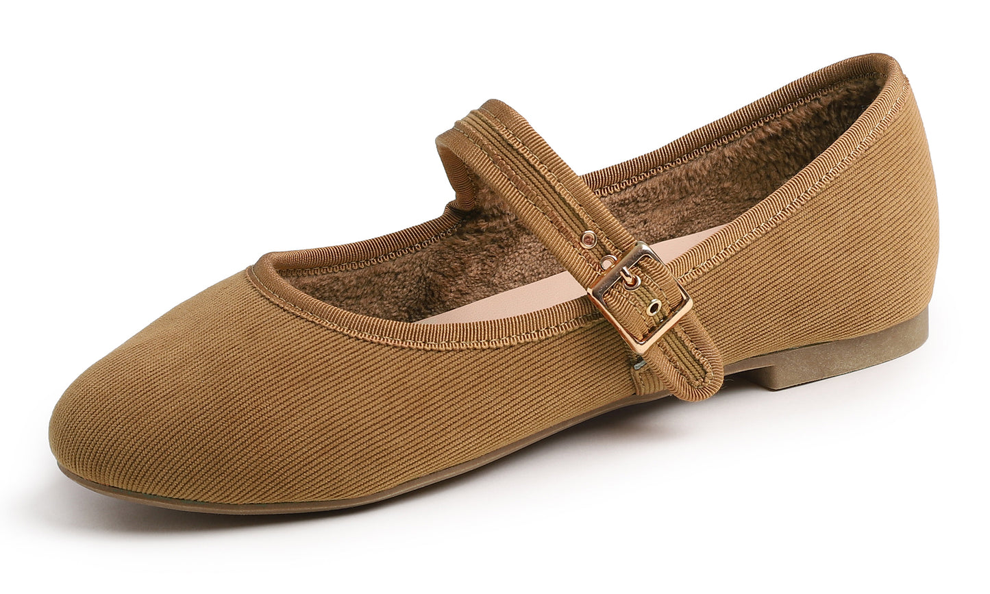 Feversole Women's Soft Cushion Extra Padded Comfort Round Toe Mary Jane Metal Buckle Fashion Ballet Flats Walking Shoes Corduroy