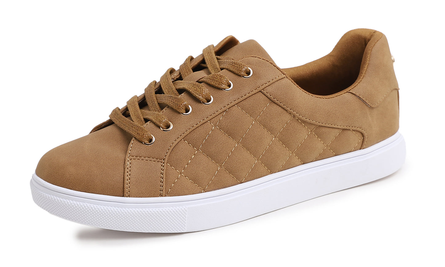 Feversole Women's Fashion Vegan Leather Casual Daily Lace Up Sneaker Camel Nubuck Quilted Vegan Leather