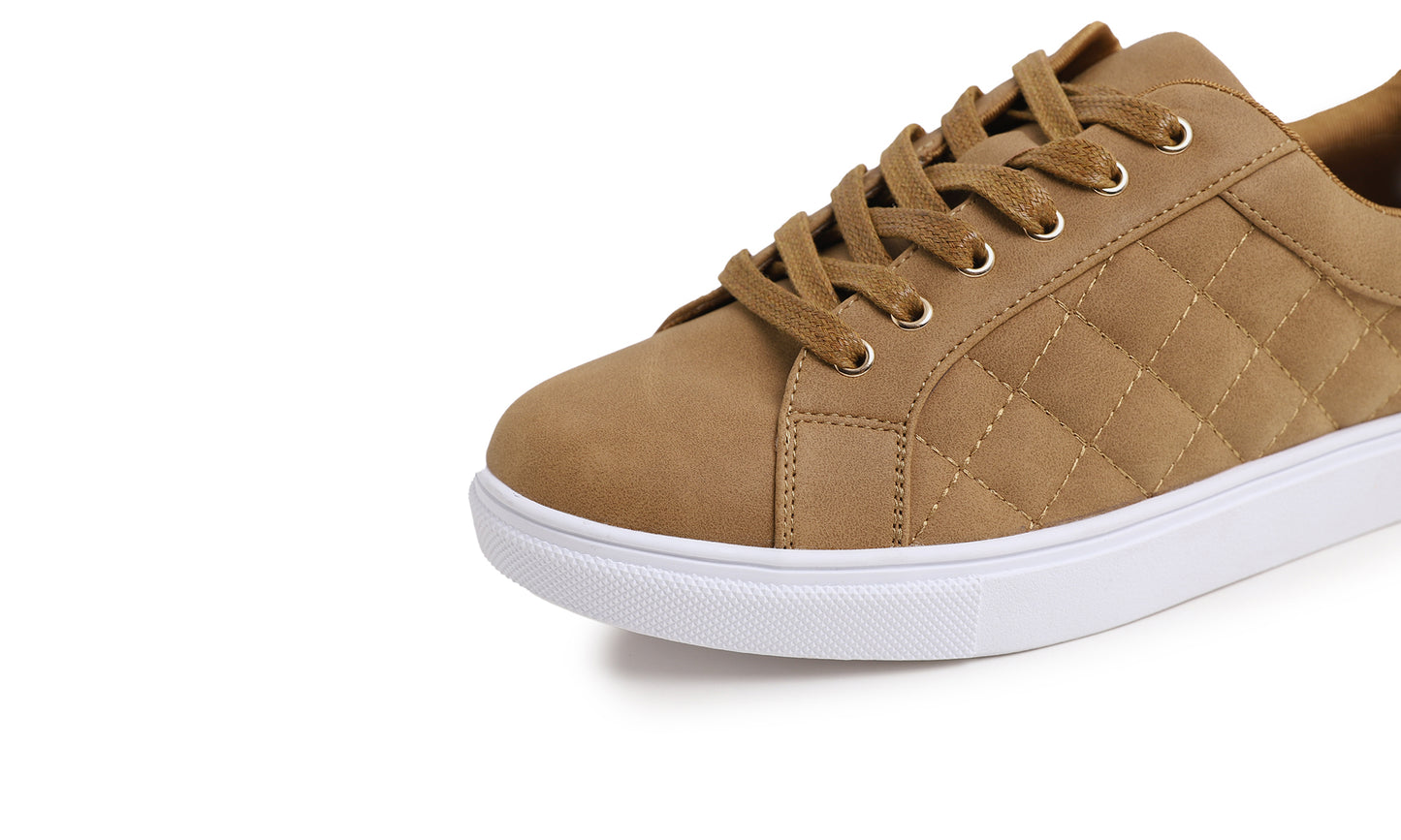 Feversole Women's Fashion Vegan Leather Casual Daily Lace Up Sneaker Camel Nubuck Quilted Vegan Leather