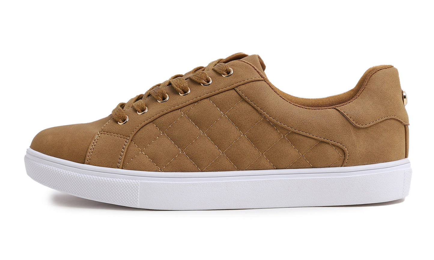 Feversole Women's Fashion Vegan Leather Casual Daily Lace Up Sneaker Camel Nubuck Quilted Vegan Leather