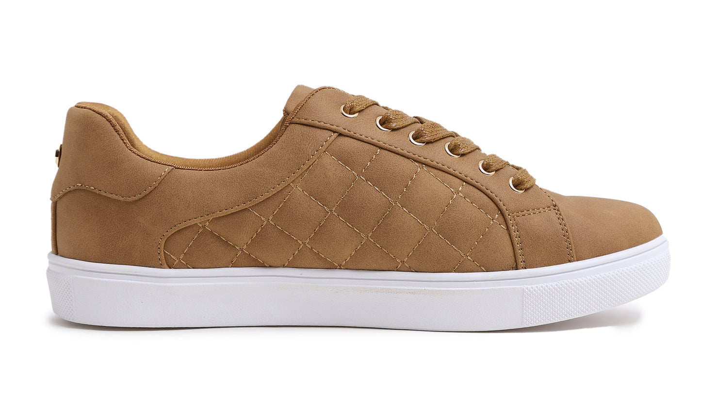 Feversole Women's Fashion Vegan Leather Casual Daily Lace Up Sneaker Camel Nubuck Quilted Vegan Leather