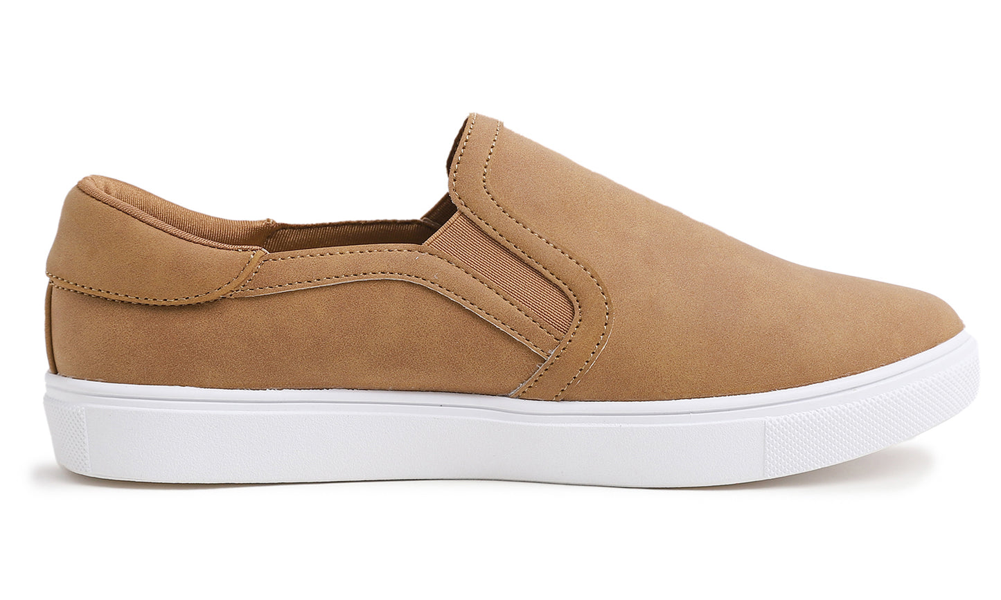 Feversole Women's Casual Slip On Sneaker Comfort Walking Loafer Flats Camel Nubuck Vegan Leather