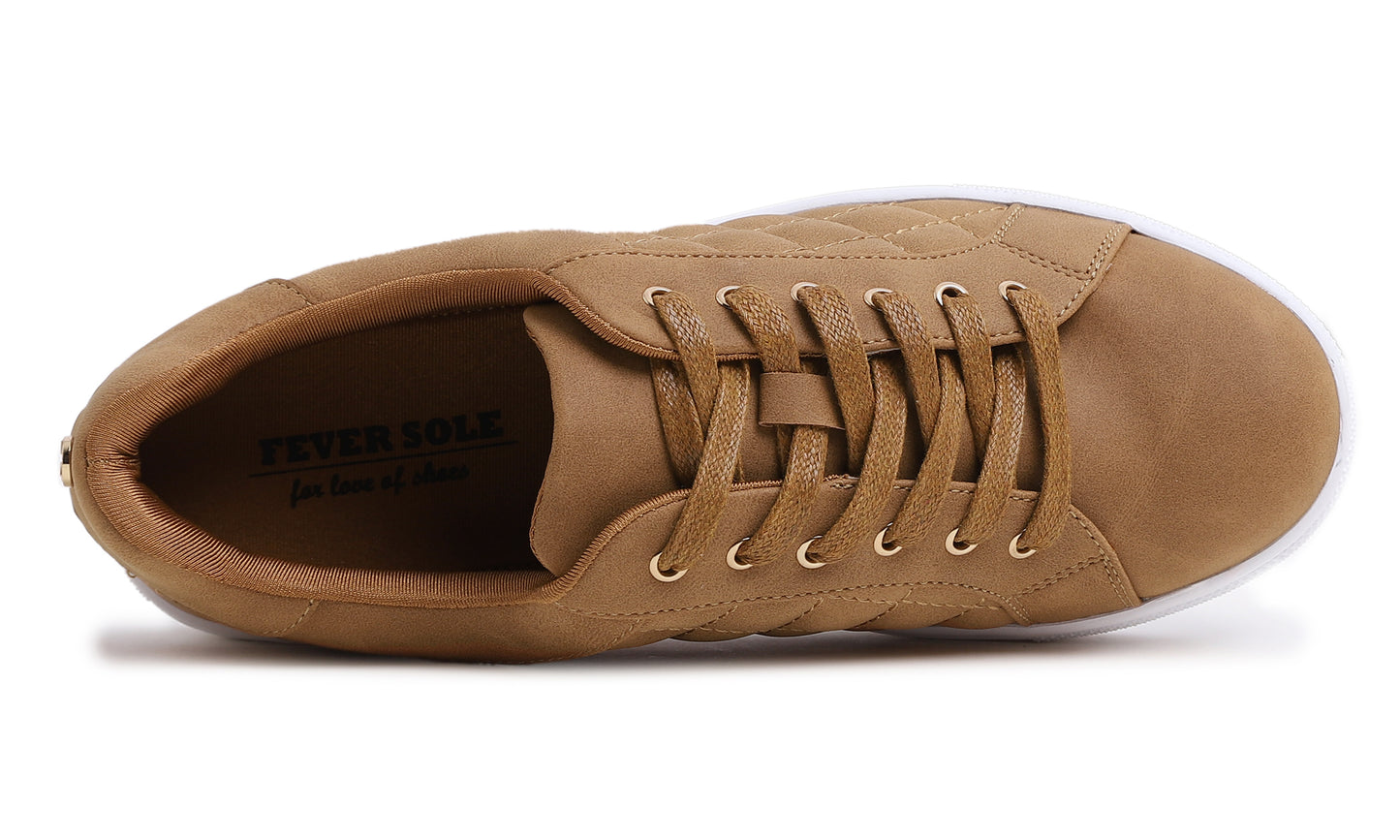 Feversole Women's Fashion Vegan Leather Casual Daily Lace Up Sneaker Camel Nubuck Quilted Vegan Leather