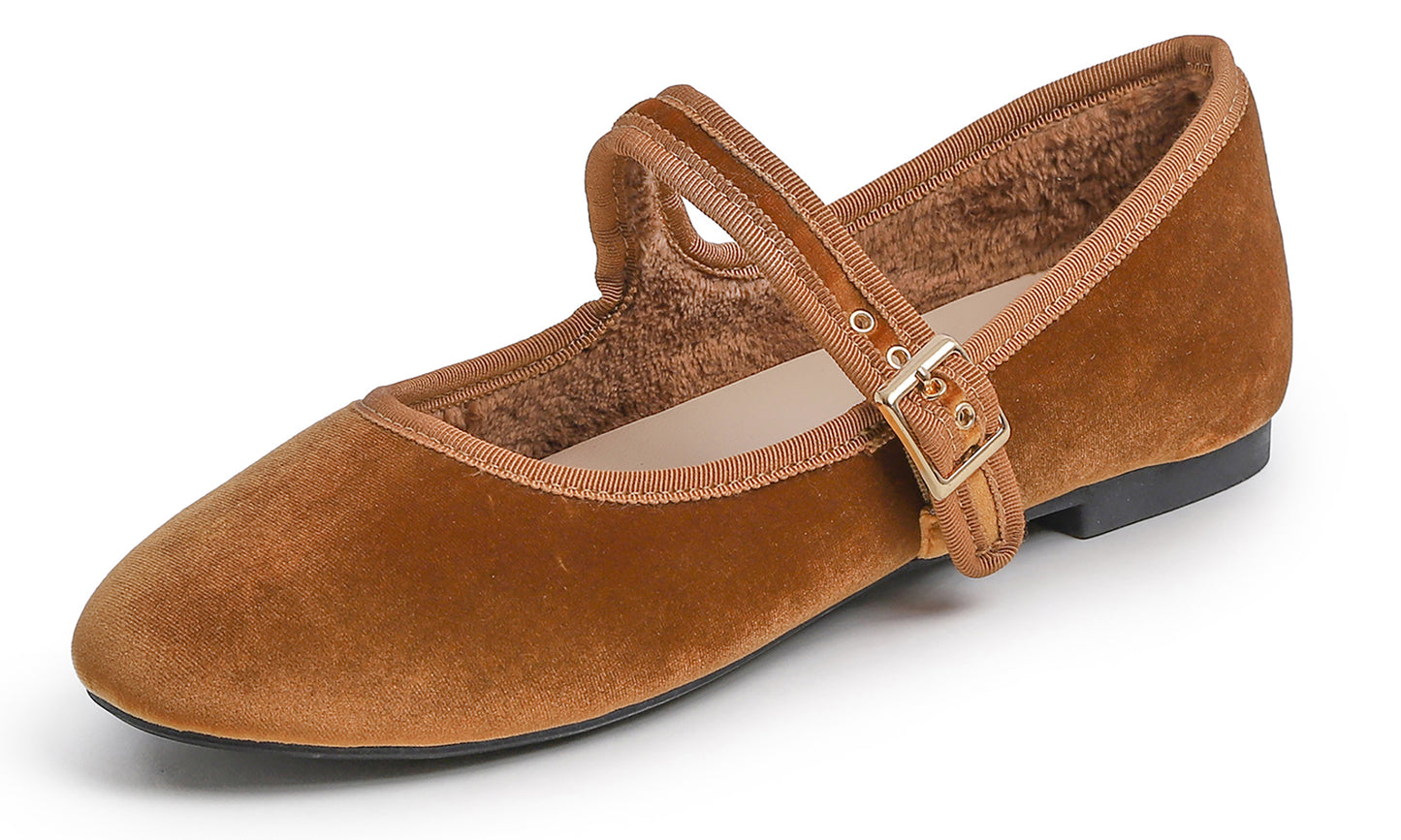 Feversole Women's Soft Cushion Extra Padded Comfort Round Toe Mary Jane Metal Buckle Fashion Ballet Flats Walking Shoes Velvet Vegan Lining