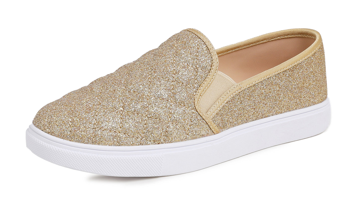 Feversole Women's Casual Slip On Sneaker Comfort Quilted Loafer Flats Glitter Quilted