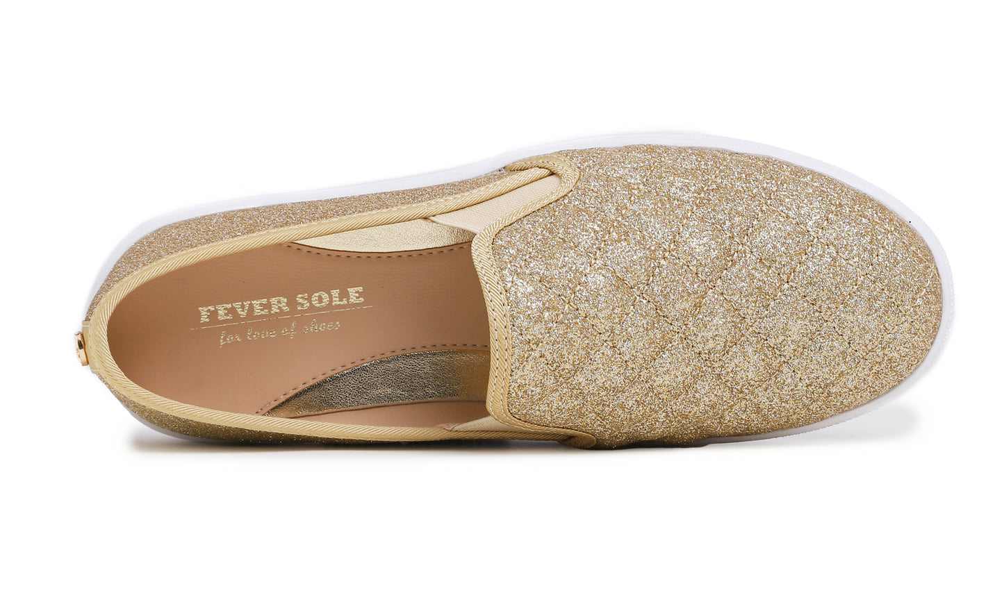 Feversole Women's Casual Slip On Sneaker Comfort Quilted Loafer Flats Glitter Quilted