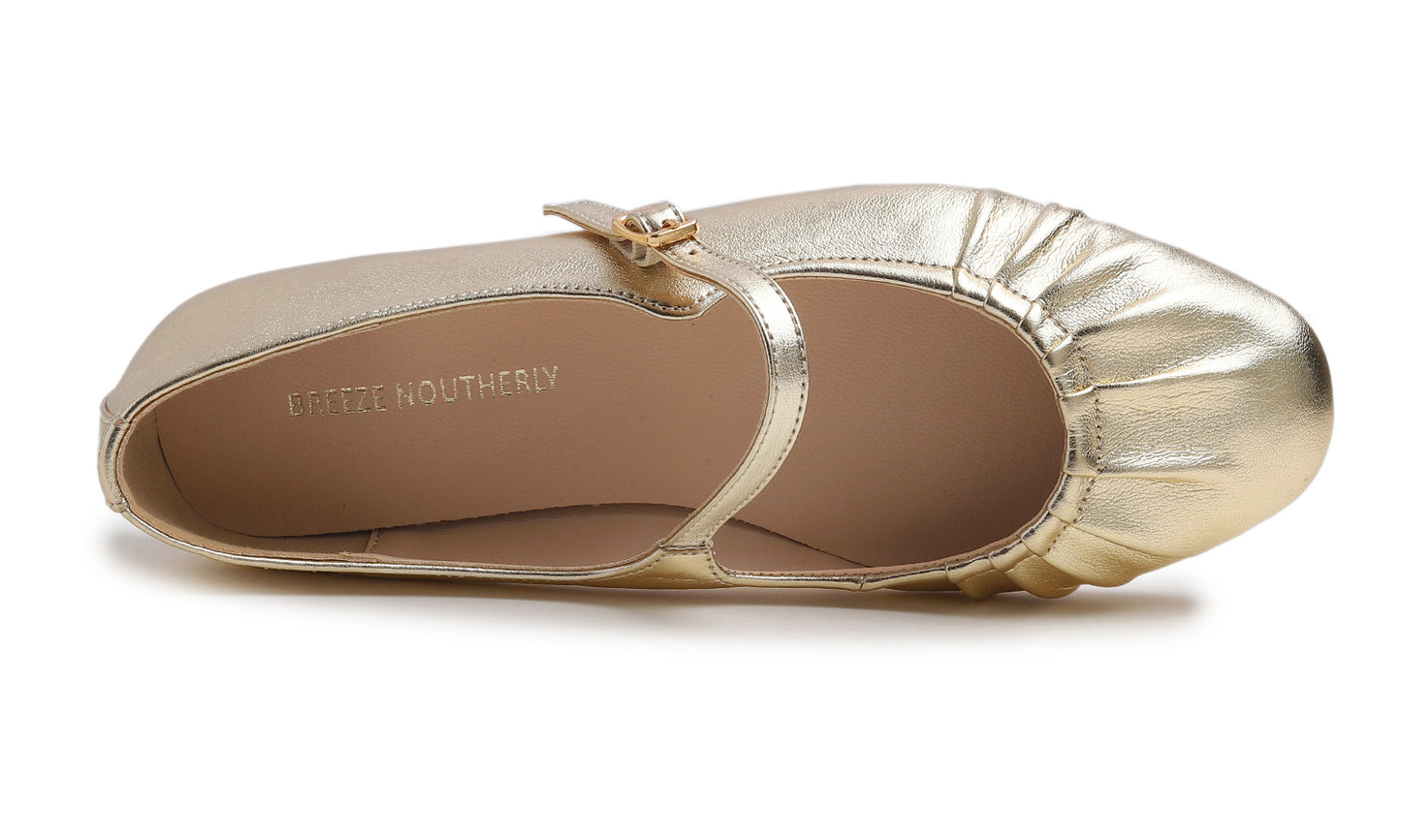 BREEZE NOUTHERLY Women's Square Toe Mary Jane Fashion Ballet with Strap Comfort Dressy Working Flats Vegan Leather Wrinkle Deco