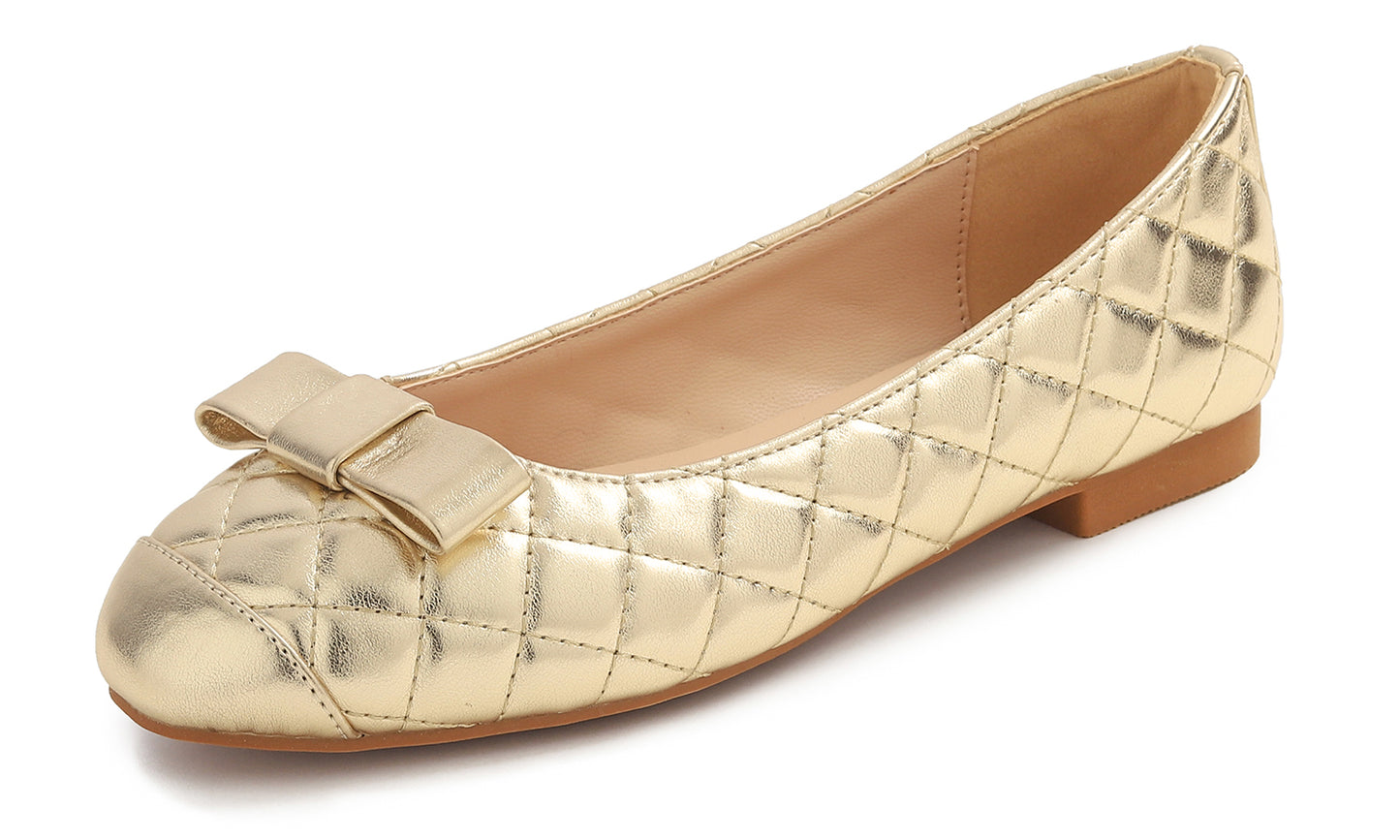 Feversole Women's Square Toe Fashion Bow Tie Dress Slip On Ballet Flats Quilted Vegan Leather