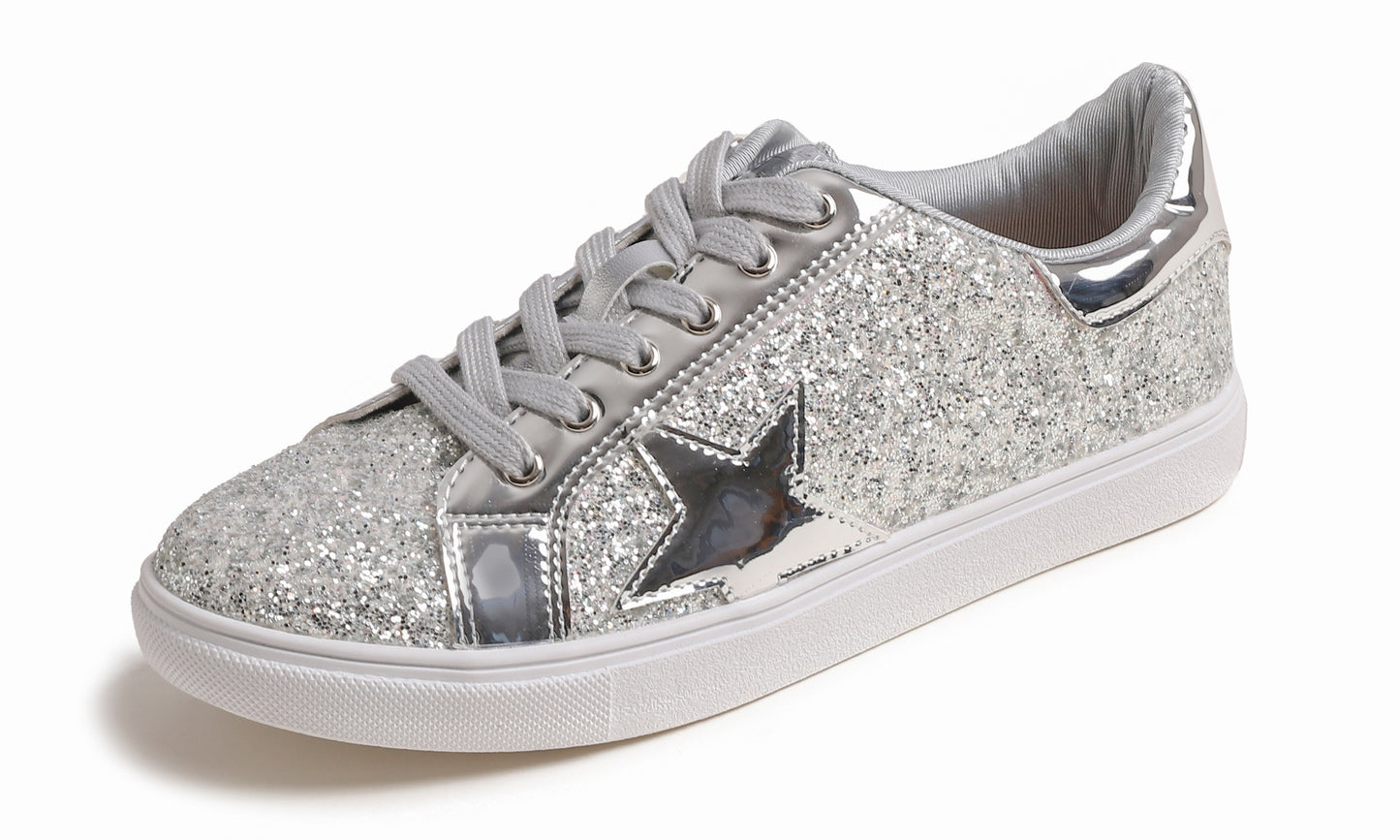 Feversole Women's Fashion Lace Up Dress Sneakers Sparkly Party Shiny Shoes Star Glitter