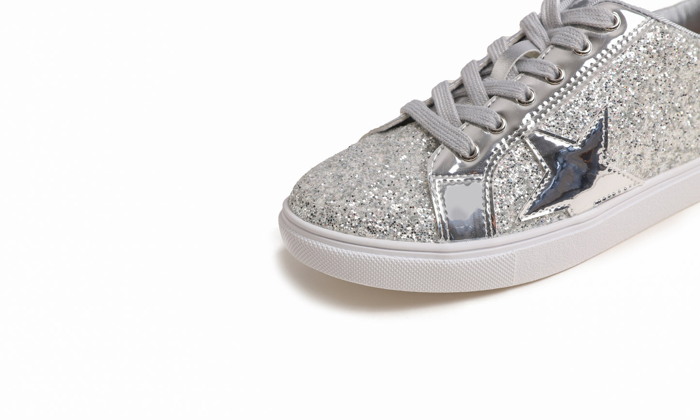 Feversole Women's Fashion Lace Up Dress Sneakers Sparkly Party Shiny Shoes Star Glitter