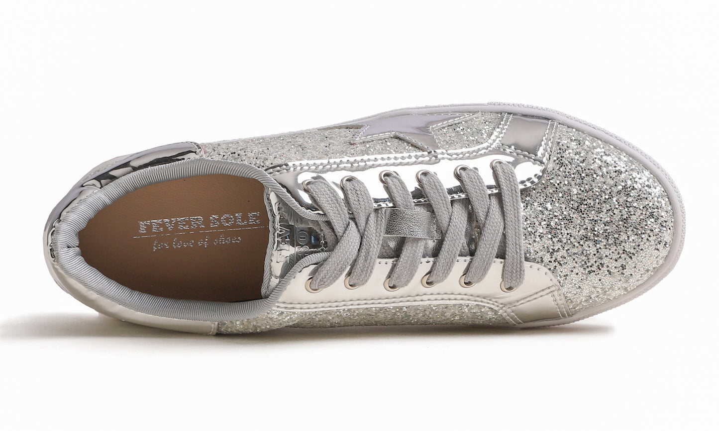Feversole Women's Fashion Lace Up Dress Sneakers Sparkly Party Shiny Shoes Star Glitter