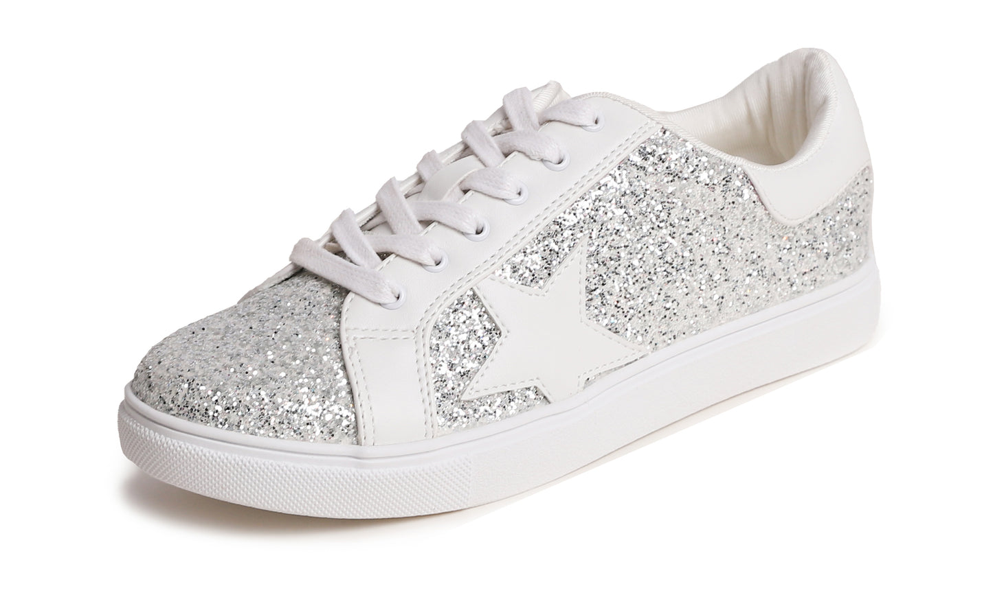 Feversole Women's Fashion Lace Up Dress Sneakers Sparkly Party Shiny Shoes Star Glitter