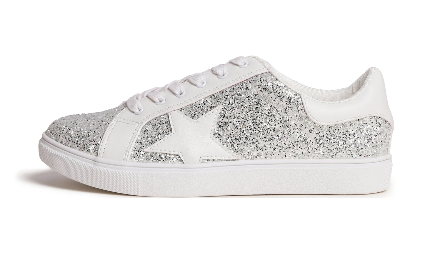 Feversole Women's Fashion Lace Up Dress Sneakers Sparkly Party Shiny Shoes Star Glitter