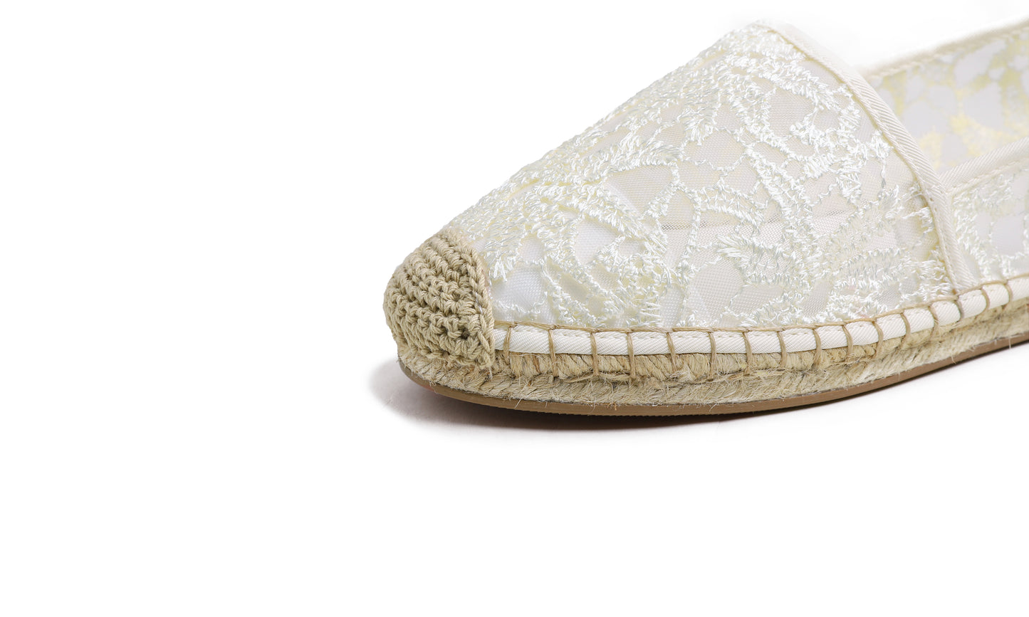 Feversole Close Toe Espadrilles Women's Comfort Breathable Slip On Flats Shoes Lace Mesh Jute