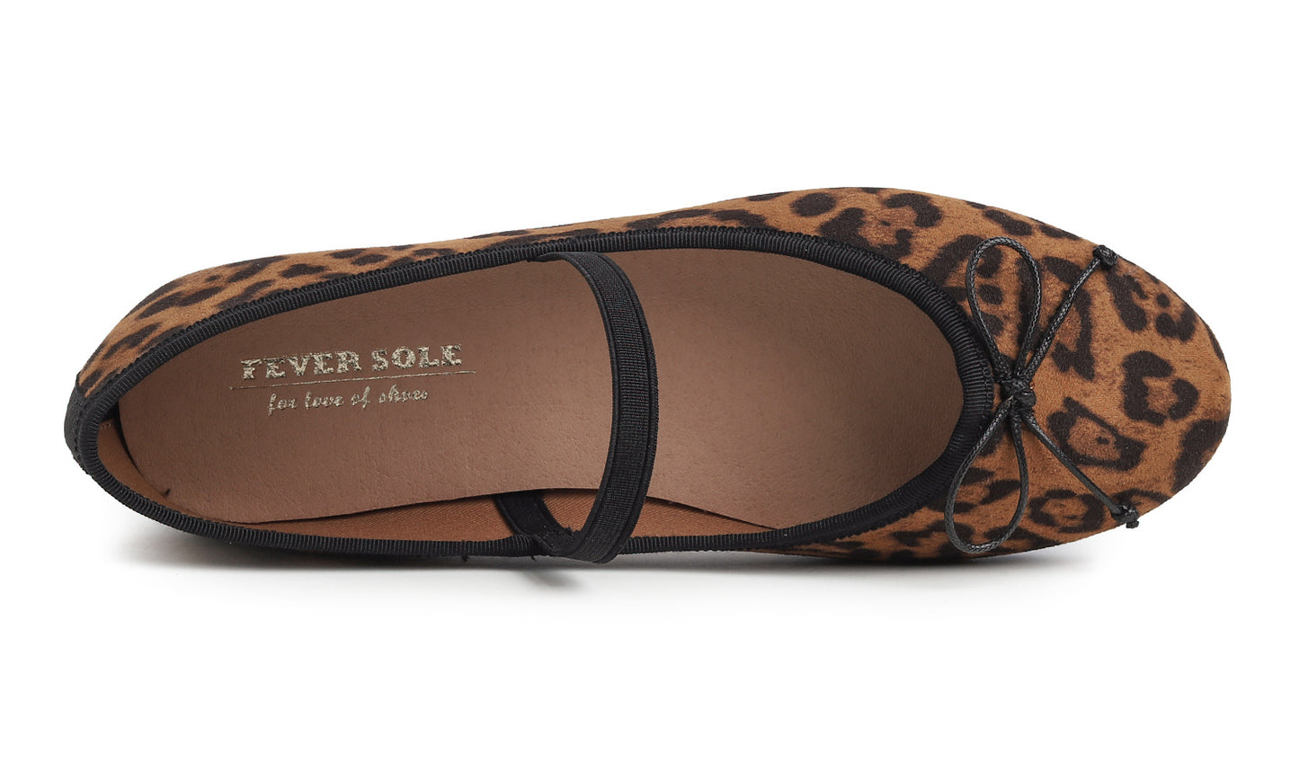 Feversole Women's Soft Cushion Padded Comfort Round Toe Mary Jane Elastic Fashion Ballet Flats Walking Shoes Leopard Faux Suede