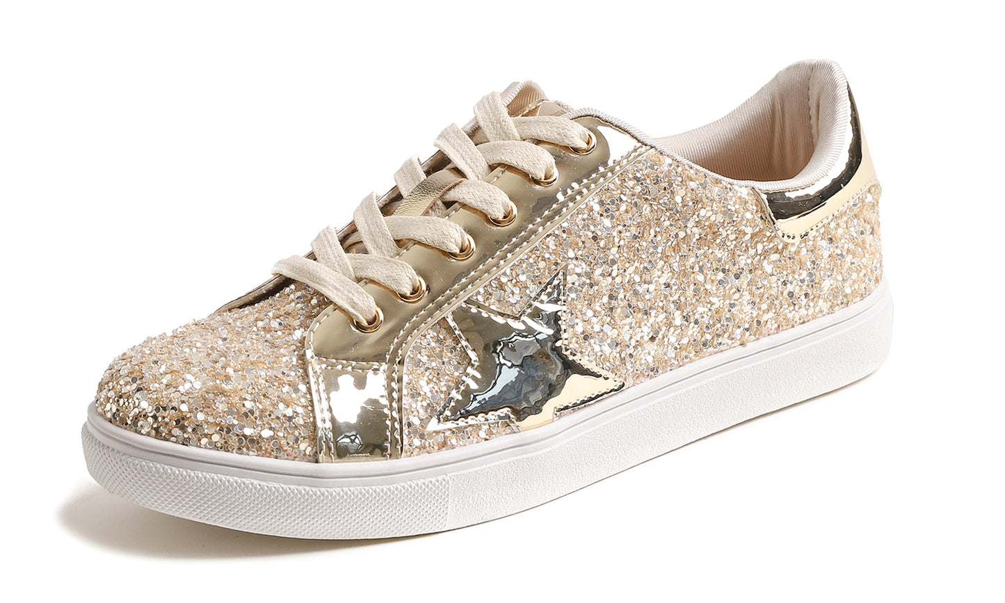 Feversole Women's Fashion Lace Up Dress Sneakers Sparkly Party Shiny Shoes Star Glitter